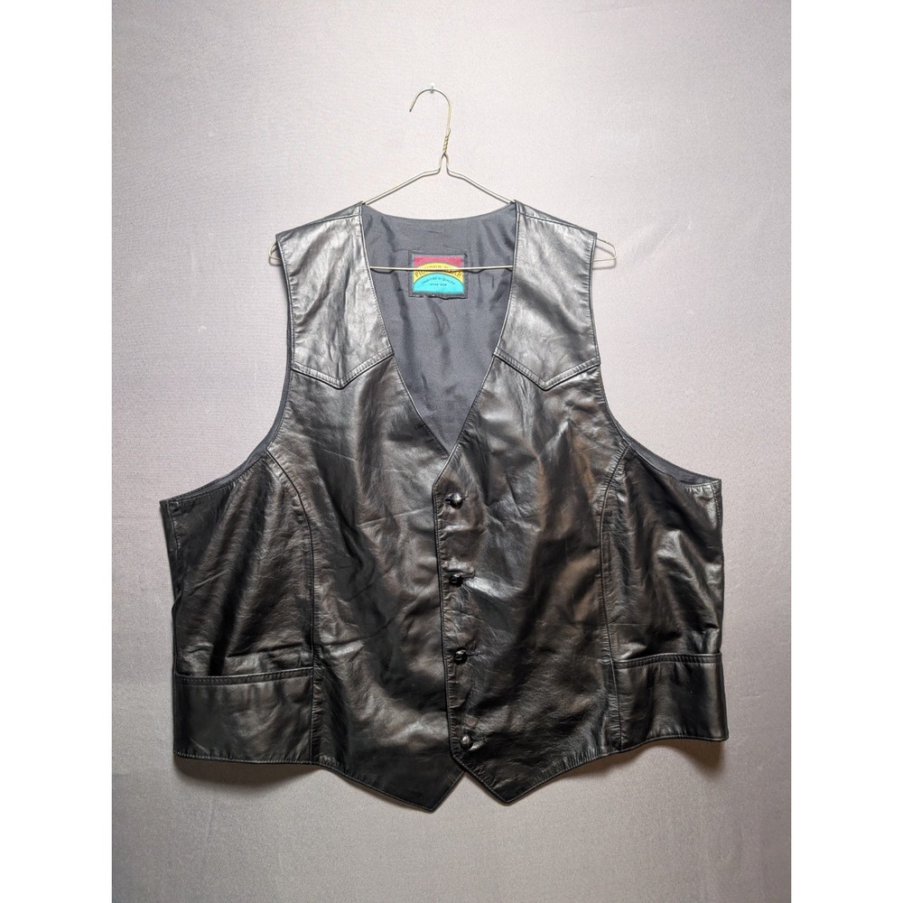 VTG Pioneer Wear Leather Biker Vest Mens Black Motorcycle Button Front Classic L